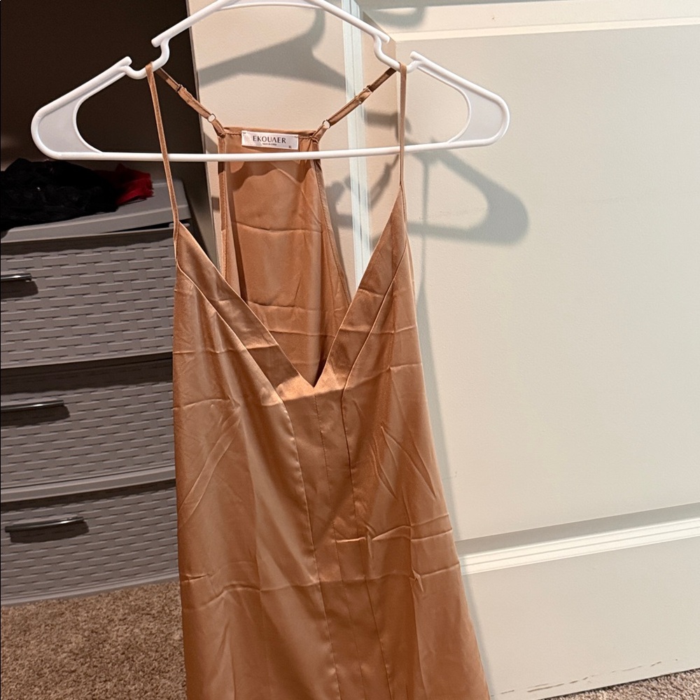 EQÛAER Satin Slip Dress in Copper Tan